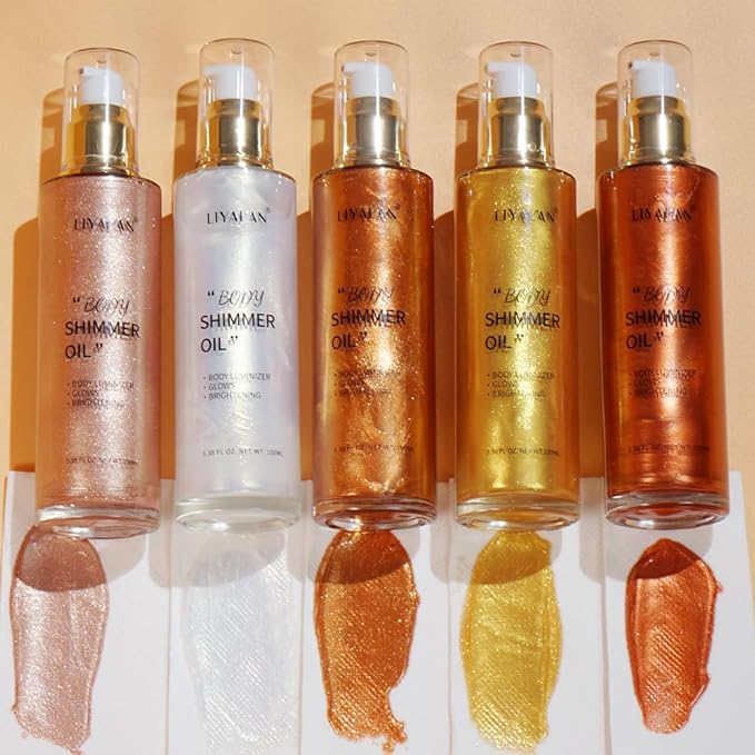 Liyalan Shimmer Body Oil 5 Color Gold 3.38 Fl Oz Face Glow Pearl Highlighter Illuminator Body Makeup Shine Glitter Gold Liquid Taning