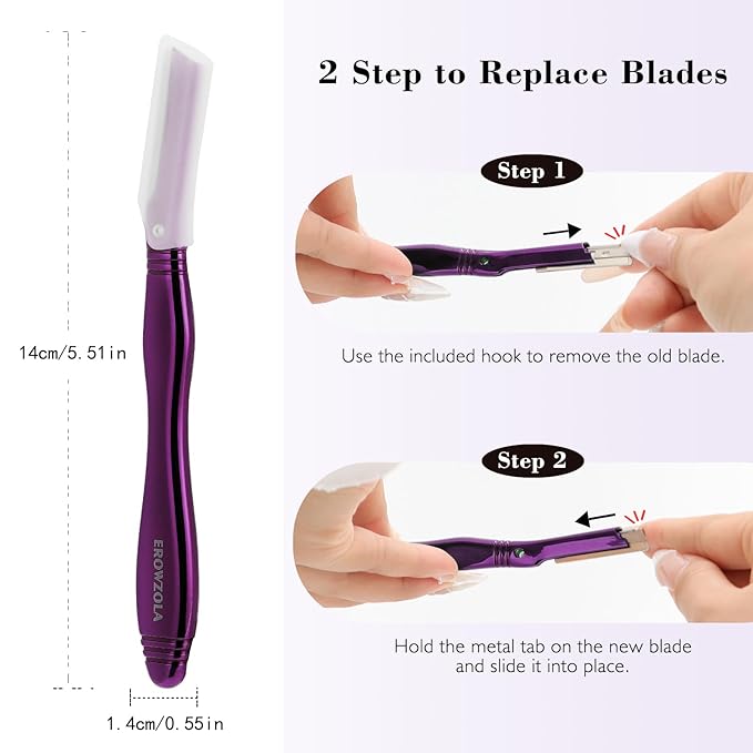 EROWZOLA Eyebrow Razor for Women and Men, Face Razors for Women, Dermaplane Razor with Protective Silicone Cover, Reusable Metal Handle with 6 Refill Blades, Skin Care Tool - Purple