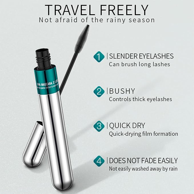 2-in-1 4D Silk Fiber Mascara: 5x Longer, Waterproof, No Clumping, Long-lasting, and Smudge-Proof for Natural Eyelash Makeup (Silver Tube, 1Pc)