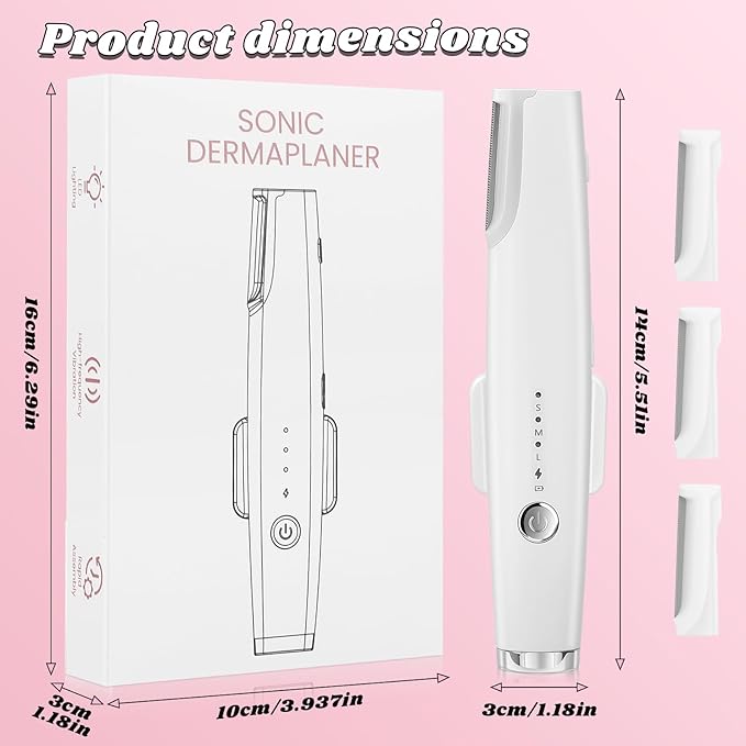 Dermaplane Razor for Women Face - Rechargeable 2-in-1 Electric Facial Razor & Eyebrow Trimmer with LED Light, Painless Peach Fuzz Hair Remover & Exfoliator, 3 Speeds, Includes 8 Blades (White)