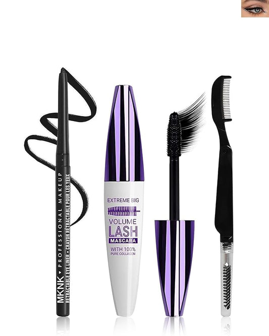 Black Waterproof Colored Mascara&Eyeliner,5D Fiber Mascara for Eyelashes Volume and Length, Smudgeproof Color Waterline Gel Eye Liner Pen Lengthening Curling Máscara Women Party Stage Use Makeup Gift