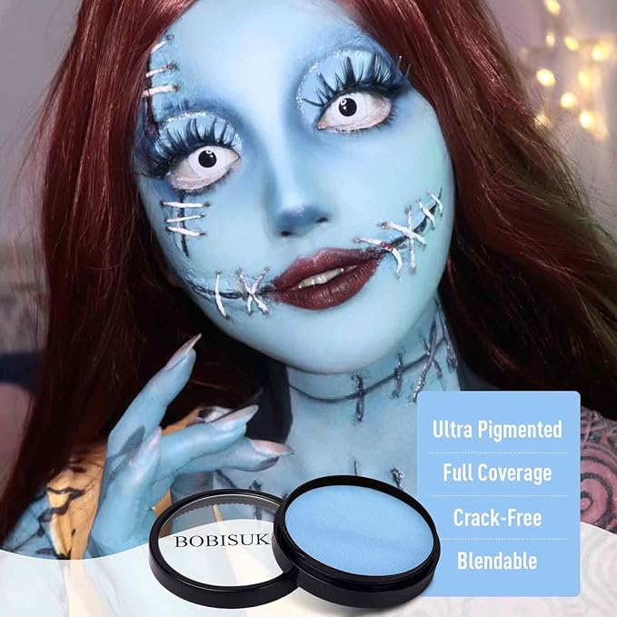 BOBISUKA Light Blue Face Body Paint, Water-Based Face Painting Kit & Body Paints, Kids Adults Facepaint for Halloween Sally Avatar Corpse Bride Smurf SFX Makeup, Costume Cosplay Party Theater & Stage
