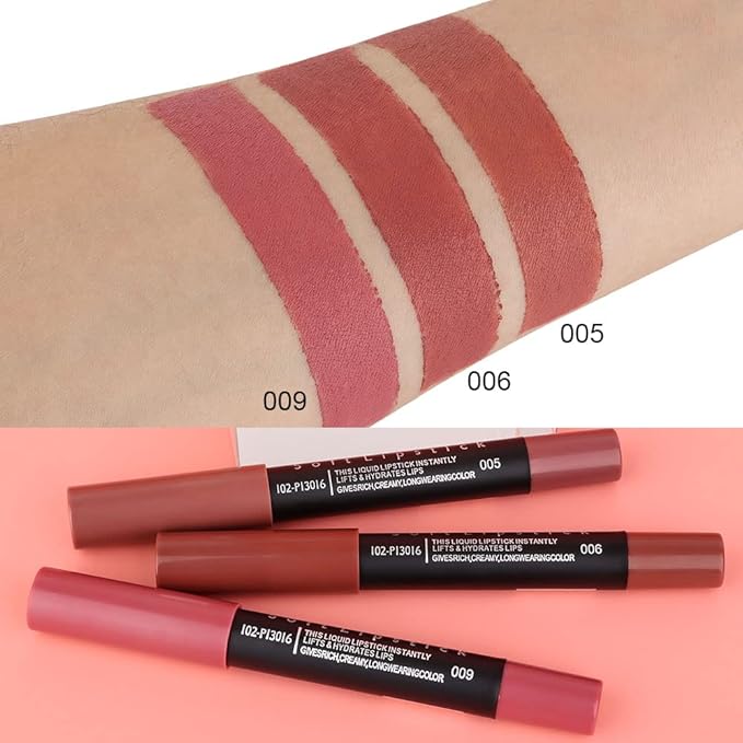 BINGBRUSH 3 Colors Longwear Lipstick Pack Set, Matte Color Stick Ultimate Lip Crayon for Makeup Collection - Nourishing Waterproof Velvet Lipgloss Lip Stain (05# 06# 09#)