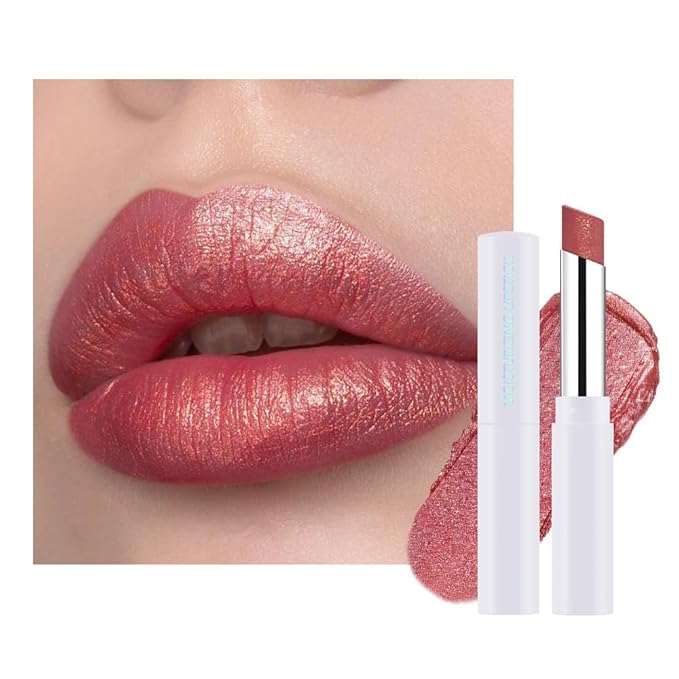 Rose Red Shimmer Metallic Moisturizing Glow Plumping Lipstick Makeup, Lipstick with Metallic 3D Shine Lightweight Hydrating Formula, Glitter Lip Gloss Stain Long Lasting Waterproof (14#Rose Red)