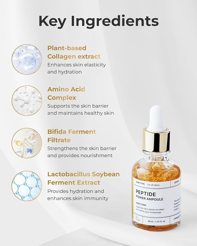 BOM COSMETICS Peptide Power Ampoule 1.01 Fl Oz, Penta-Peptide with 24k Gold Thread and 99% Pure Gold for Skin Collagen Boost, Firming Serum to Improve Elasticity and Radiance, Korean Skin Care