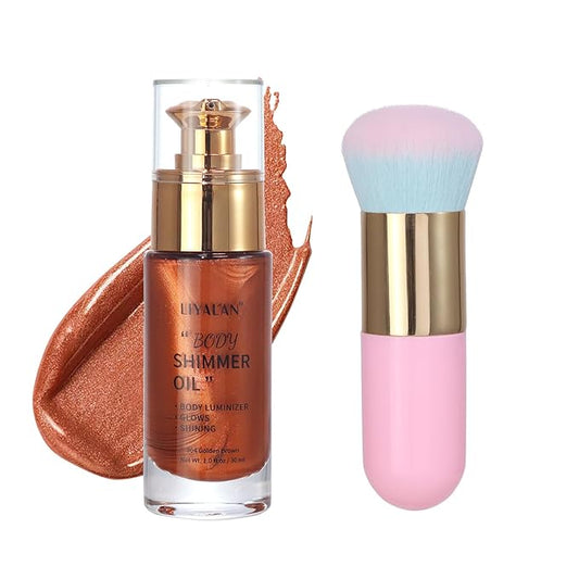 Liyalan Shimmer Body Oil 5 Color Options 1.0 fl.oz Face Glow Pearl Highlighter Illuminator Long-Lasting Shine Glitter Liquid Tanning with Makeup Brush Included (#04 Golden Brown)