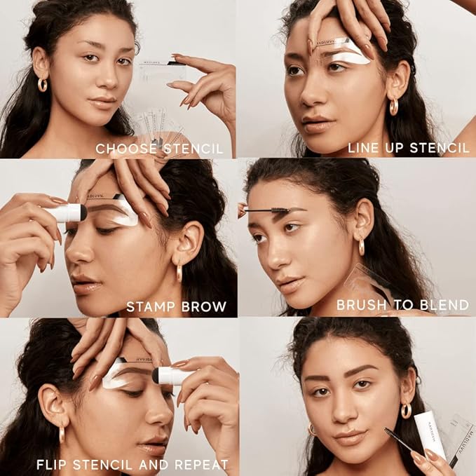 MADLUVV Brow Stamp Kit with Brow Stencils – Easy Eyebrow Shaper for Natural-Looking Brows – Popular Eyebrow Stencil Kit Used by Professionals – 9 Shapes, Spoolie, Travel Bag & Stamp (Medium Brown)