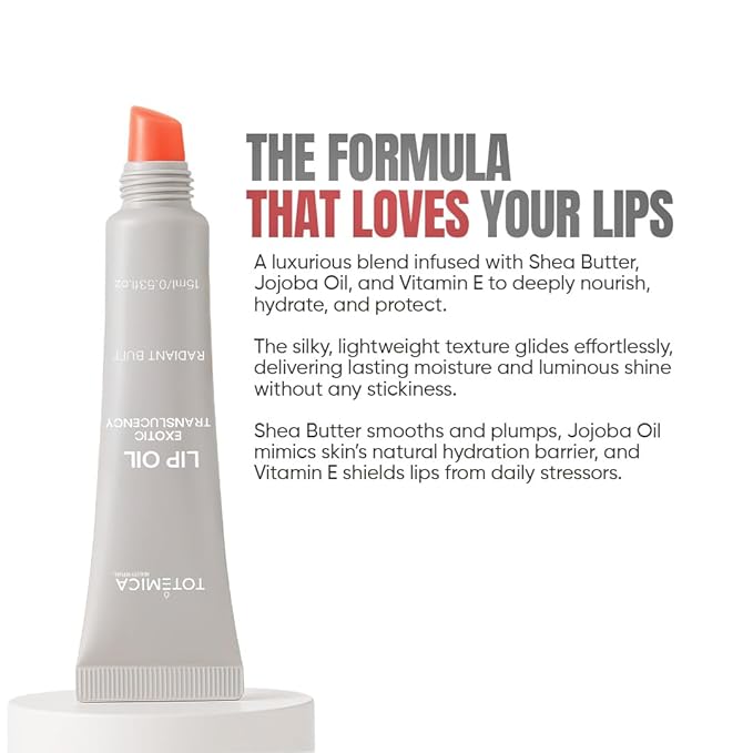 TOTEMICA Lip Oil for women by Ana Patricia, Hydrating Exotic Translucency, Glossy Lip Balm Shine with Shea Butter & Jojoba Oil, Non-Sticky with Nourishing Finish | Radiant Buff with Charm