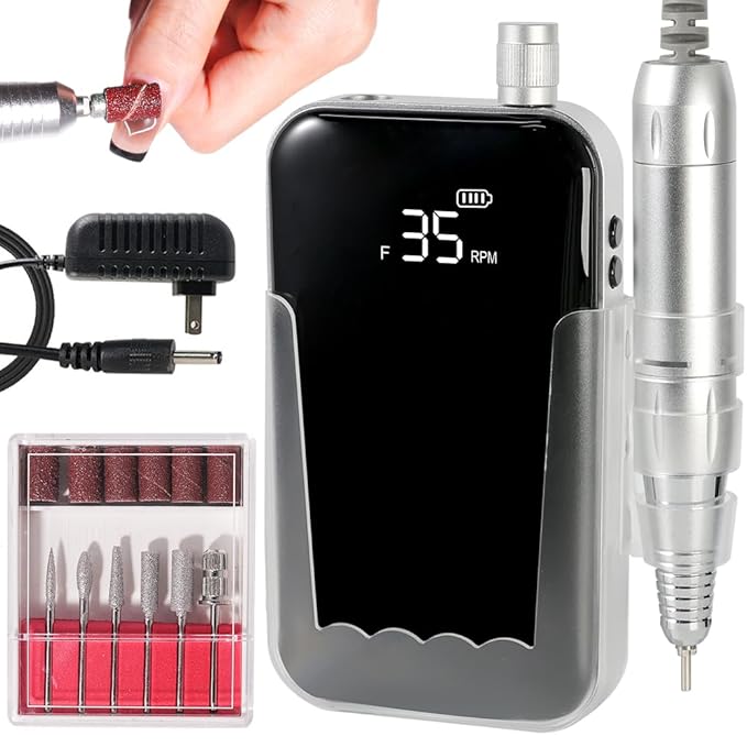 ANRLO Professional Electric Nail Drill, 45000 RPM Cordless Rechargeable E-File Machine, with 12 Bits, Sanding Bands, LCD Display for Acrylic Gel Nails (DMJ-BLY-P30-Black)
