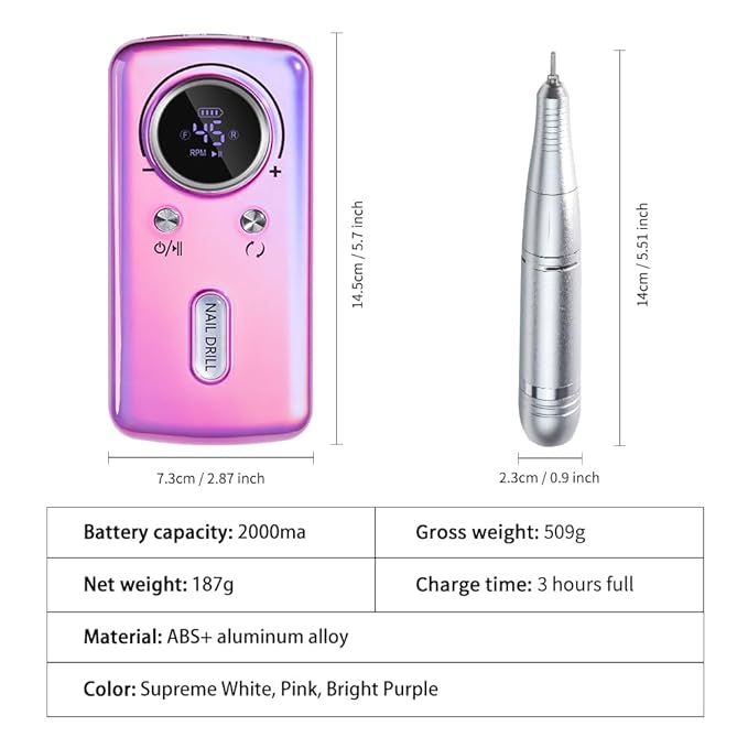 ANRLO Professional Electric Nail Drill, 45000 RPM Cordless Rechargeable E-File Machine, with 12 Bits, Sanding Bands, LCD Display for Acrylic Gel Nails (DMJ-V1-Purple)
