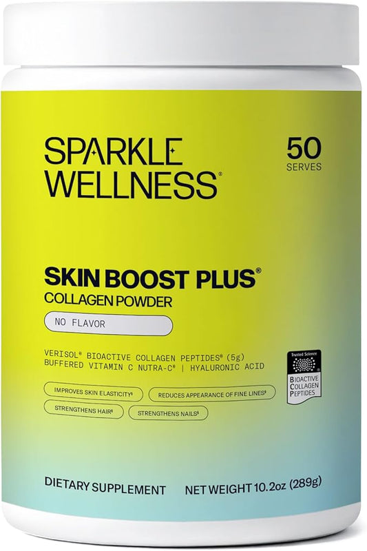 Sparkle Wellness VERISOL Bioactive Hydrolyzed Collagen Peptides | Collagen Powder Supplement with Vitamin C & Hyaluronic Acid for Hair, Skin, and Nail Health | Skin Boost Plus (No Flavor) [50-Serves]