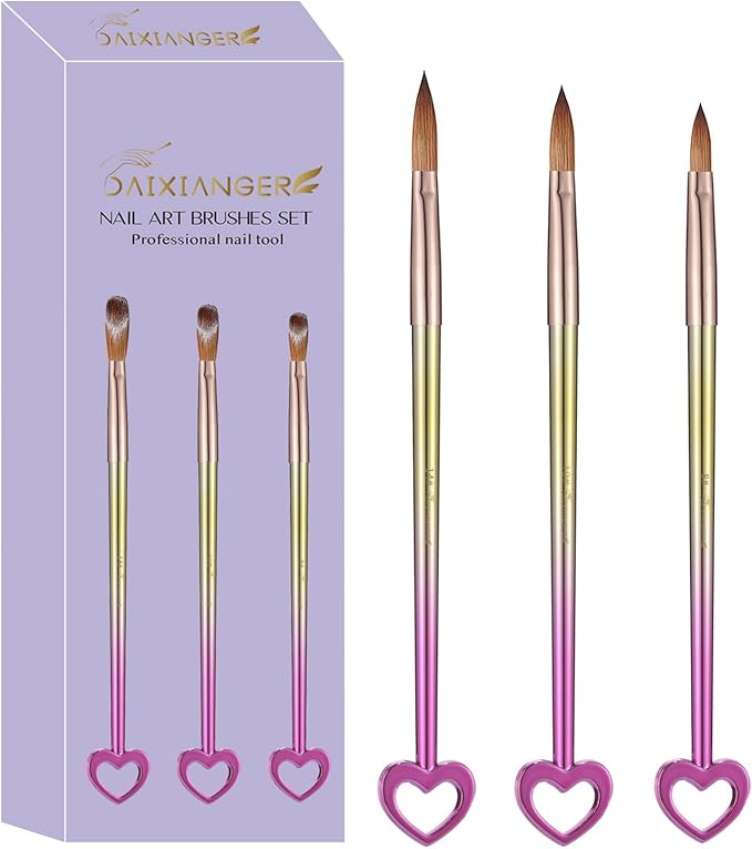 3Pcs Professional Acrylic Nail Brush Set, Size 8/10/14, Gradient Handle Heart-Shaped Nail Brushes for Acrylic Application Powder & Nail Extension, 3D Nail Carving Tools for DIY Home Salon