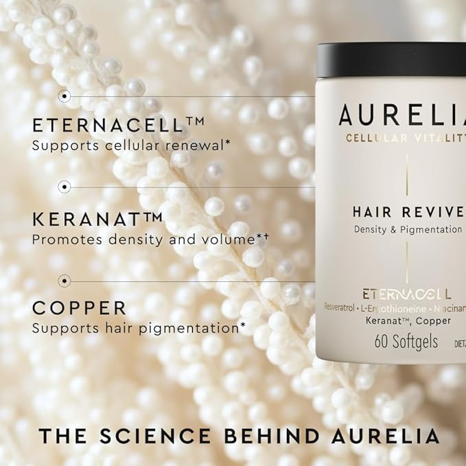 AURELIA Hair Revive | Advanced Cellular Anti-Aging Supplement | Support Hair Growth & Fuller, Healthier Hair | with Zinc, Resveratrol, Niacinamide, Ergothioneine, Keranat & Cooper