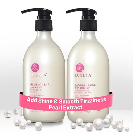 Luseta Glossy Pearl Shampoo and Conditioner Set Smooth & Moisturize, Fight Frizziness and Add Shine,Hydrating for Damaged Hair, Detangle,Nourish Strands,Paraben Free, Sulfate Free,16.9oz