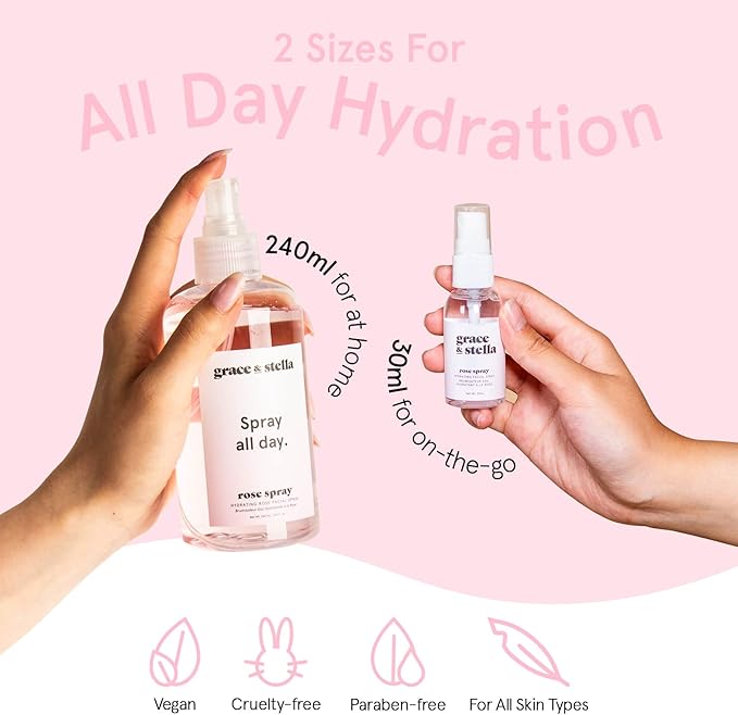 grace & stella Award Winning Rose Water Spray for Face with Glycerin & Aloe Vera - Travel Size (30ml) - Rosewater Face Mist for All Skin Types - Hydrating, Calming, Rejuvenating Facial Toner - Vegan