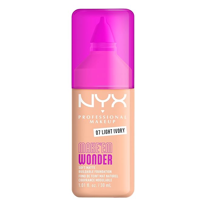 NYX PROFESSIONAL MAKEUP Make 'Em Wonder Liquid Foundation, 24HR Foundation Makeup With A Soft Matte Finish, Buildable Full Coverage - 07 Light Ivory