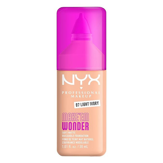 NYX PROFESSIONAL MAKEUP Make 'Em Wonder Liquid Foundation, 24HR Foundation Makeup With A Soft Matte Finish, Buildable Full Coverage - 07 Light Ivory