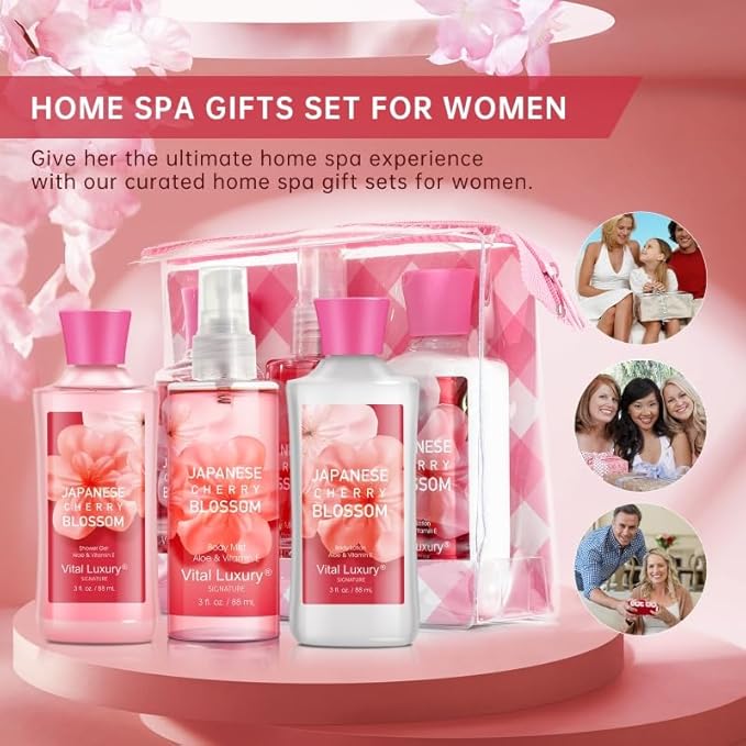 Vital Luxury Bath and Body Gift Set for Women and Girls, Japanese Cherry Blossom Spa Set With Natural Extracts-Shower Gel, Body Lotion, Body Mist, Body Care Travel Set for Birthday Mother's Day Gifts