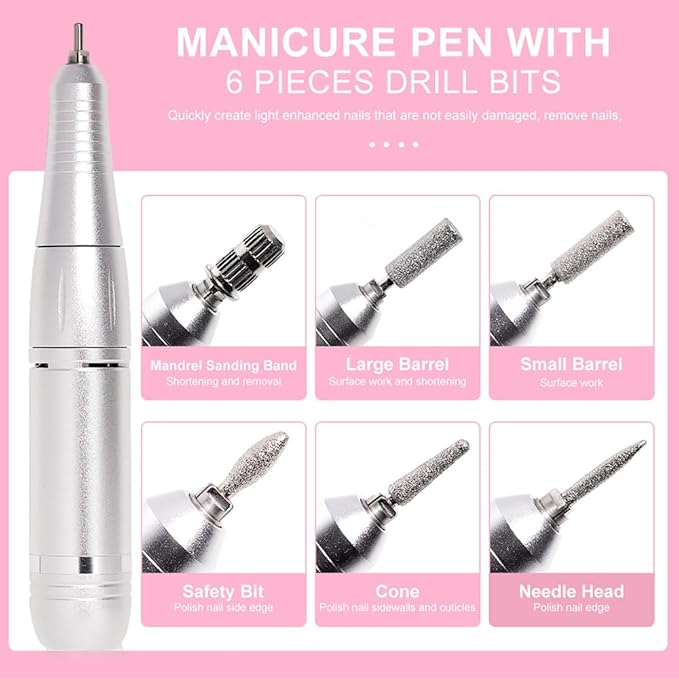 ANRLO Professional Electric Nail Drill, 45000 RPM Cordless Rechargeable E-File Machine, with 12 Bits, Sanding Bands, LCD Display for Acrylic Gel Nails (DMJ-V2-USB-PINK)
