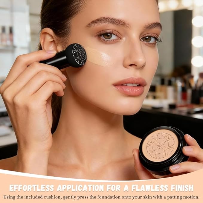 Hush Foundation for Mature Skin – Warm Tone CC Cream Air Cushion, Full Coverage Long-Lasting BB Cream Foundation with Mushroom Head Applicator, Natural Radiant Finish for Light to Medium Complexions