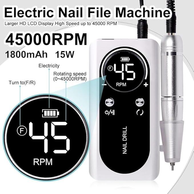 ANRLO Professional Electric Nail Drill, 45000 RPM Cordless Rechargeable E-File Machine, with 12 Bits, Sanding Bands, LCD Display for Acrylic Gel Nails (DMJ-V2-USB-White)