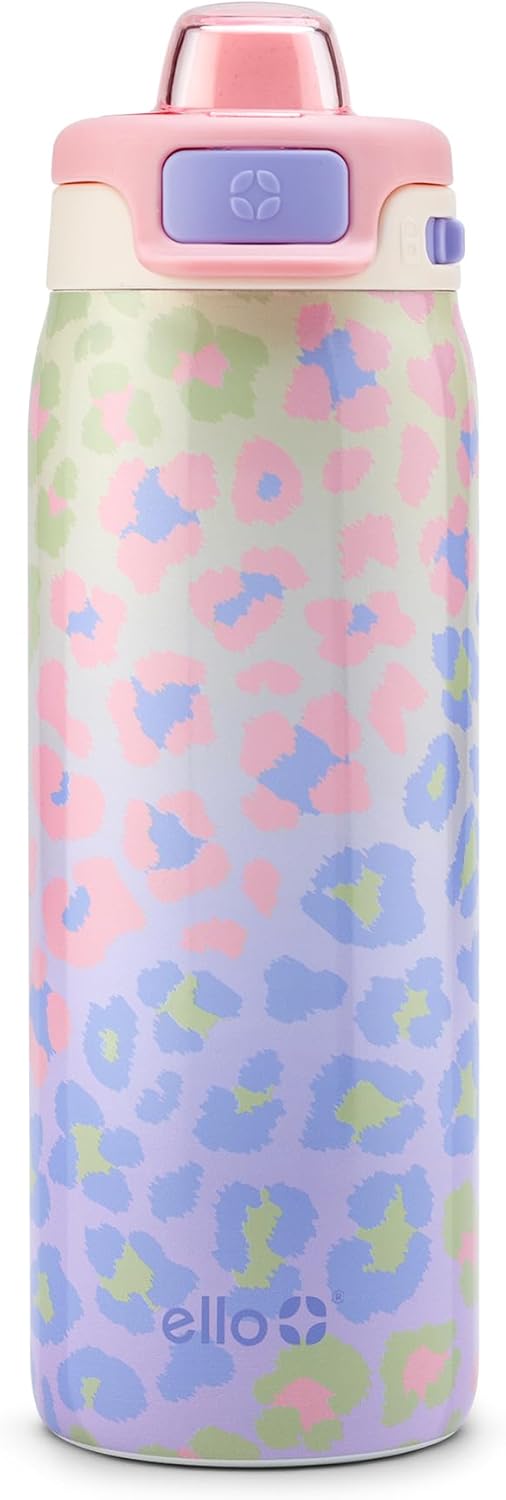 Pop & Fill 18Oz Stainless Steel Kids Water Bottle with Quick Fill Lid | Vacuum Insulated BPA Free Bottle with Leak Proof Straw and Chug Lid, Dishwasher Safe, Gift for Kids Teens, Cheetah