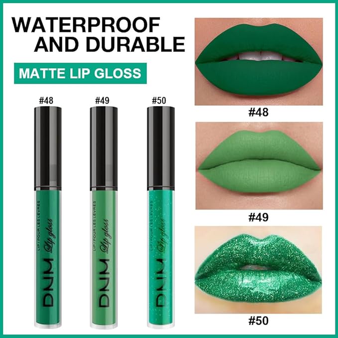 Dark Pale Teal Forest Emerald Green Matte Glitter Shimmer Shiny Liquid Lipstick Lip Stain 3pcs Set for Women Matte+Lipstick Long Lasting Waterproof 24 hr Magic Lipstick 24 Hours original (25#)