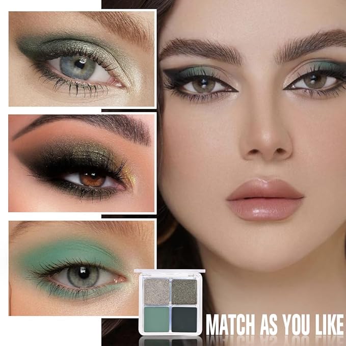 Kaely Powder Eyeshadow Quad, Matcha Green Matte Glitter Eyeshadow Palette Makeup, Neutral Eye Shadow Palette for Older Women Pigmented Waterproof, sombras para ojos, Blendable, Cruelty-free, 12