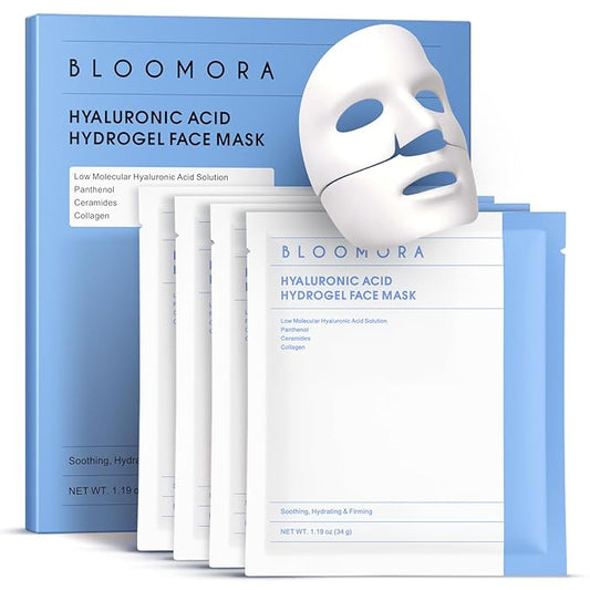 BLOOMORA Hyaluronic Acid & Collagen Face Mask Overnight, Hydrogel Hydrating Facial Mask, Moisturizing & Tightening Low Molecular Solution, Collagen Skincare, Face Care & Self Care for Women 34g*4ea