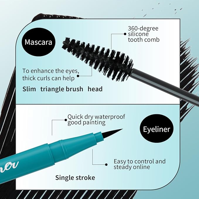 Cool Black Mascara And Quick Drying Eyeliner Set, Thickening Fiber Lash Mascara Extension Voluminous, Long-Lasting Waterproof Smudge-Proof Natural No Flaking/No Clumping