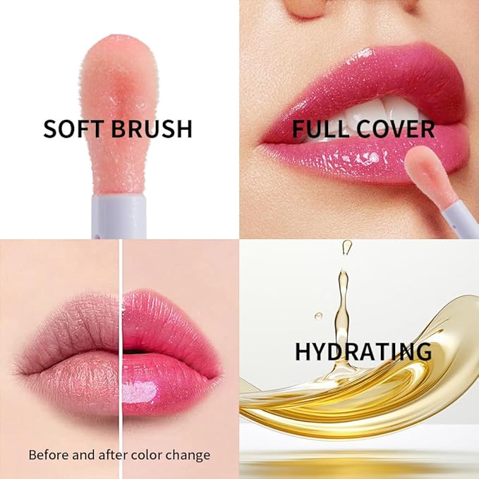 Color Changing Lip Gloss - Non-Sticky Hydrating Lip Oil, High Shine Glassy Finish, PH Reactive Tinted Lip Plumper, Long Lasting Moisture & Glow(02 PURPLE PEACH)
