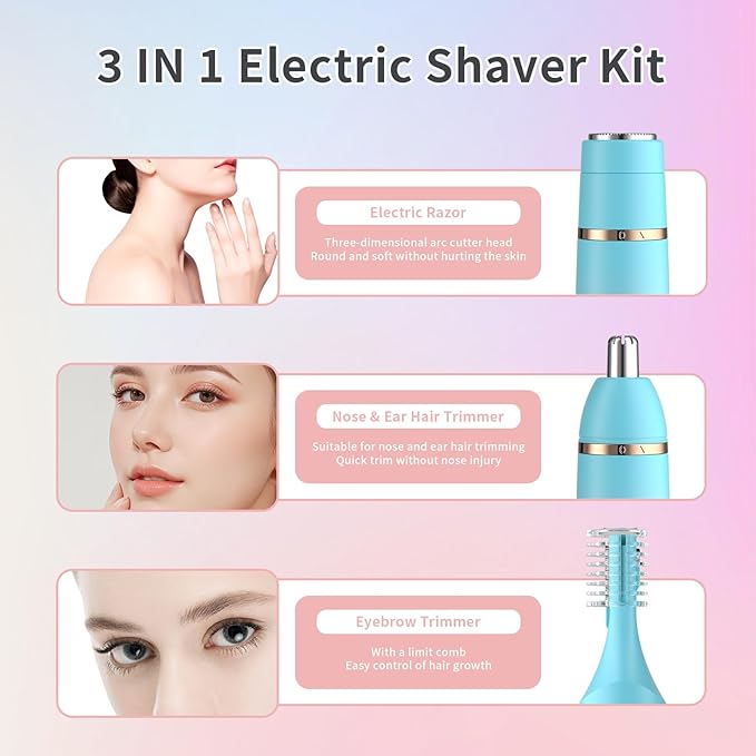 Erkot Nose Hair Trimmer for Men and Women, Eyebrow Trimmer, Electric Shaver Razor 3 in 1, Portable, Waterproof and Rechargeable for Ears, Face, Legs (Blue Pink)
