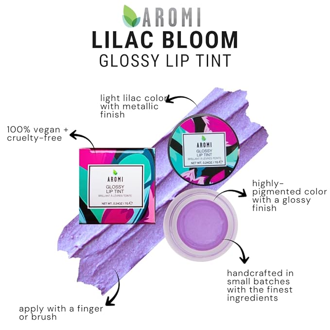 Aromi Glossy Lip Tint in Pot – Shimmery, Hydrating Lip Gloss Color, Metallic, Light Purple Shade, Vegan & Cruelty-free, Moisturizing, Non-Sticky Formula (Lilac Bloom)