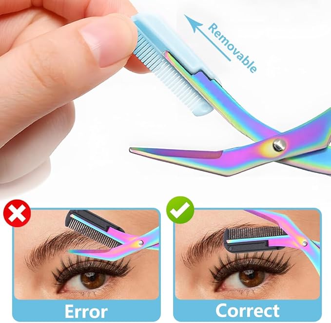 2 in 1 Eyebrow Scissors with Comb, Precision Stainless Steel Eyebrow Trimmer Cutter, Non-Slip Grooming Scissors for Men & Women, Portable Facial Hair Removal Makeup Tool (Pink, 1Pcs)