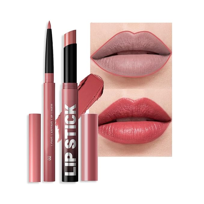 AMY'S DIARY 2Pcs Red Lipstick and Lip Liner Combo, Lip Liner and Lip Stick Kit for Women, Matte Lip Pencil and Smooth Hydrating Lipstick,Lip Makeup Set (02#Warm Rosewood)
