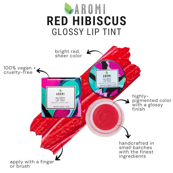 Aromi Glossy Lip Tint in Pot – Hydrating Lip Gloss Color, Sheer, Bright Red Shade, Vegan & Cruelty-free, Moisturizing, Non-Sticky Formula (Red Hibiscus)