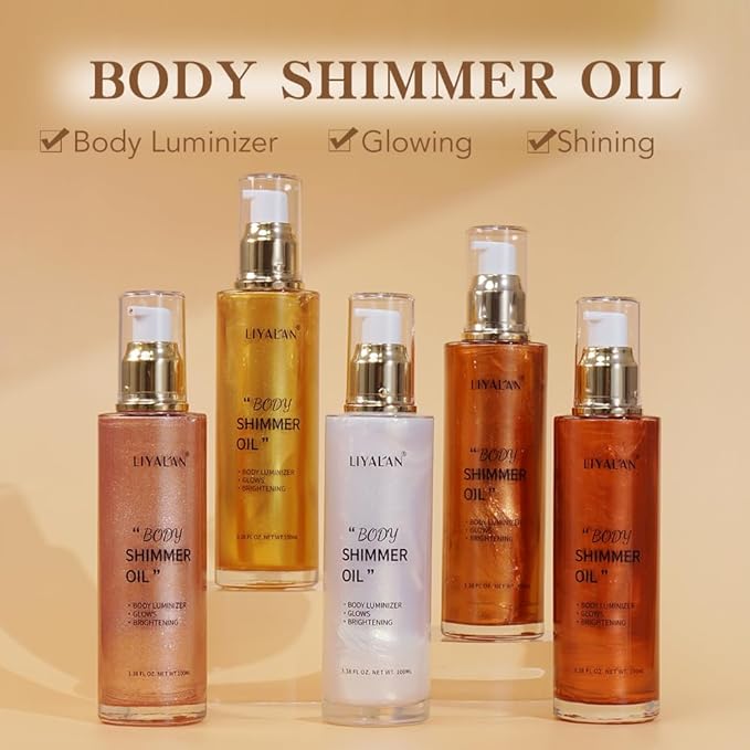 Liyalan Shimmer Body Oil Bronze Gold 5 Color Bronze 3.38 Fl Oz Face Glow Pearl Highlighter Illuminator body Makeup Shine Glitter Gold Liquid Taning