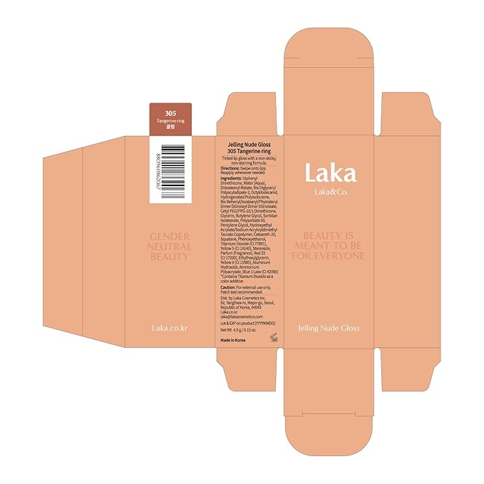 Laka Jelling Nude Gloss, 4.5g/0.15oz, Sheer Hydrating Lip Oil with No Stain, Non-Sticky, Nourishing Gloss for a Fresh, Glowy Look, Vegan, Clean Beauty Makeup, K-Beauty (#305 Tangerine Ring)