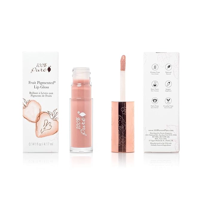 100% PURE Lip Gloss (Fruit Pigmented), Naked, High Shine, Moisturizing, Natural Lip Gloss, Sheer Finish, Tinted Lip Gloss w/Cocoa Butter, Vitamin E (Warm Peachy Nude Color) - 0.14 Fl Oz
