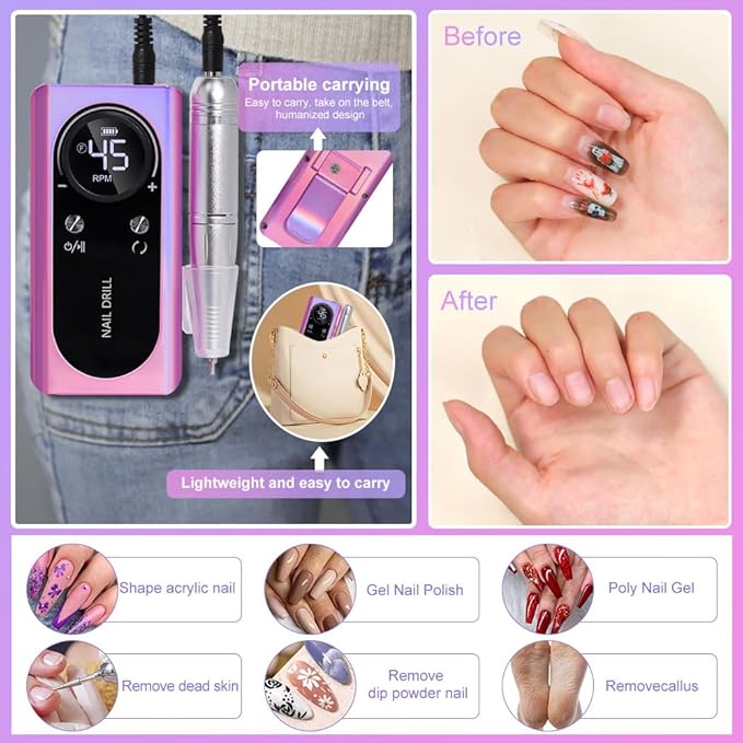 ANRLO Professional Electric Nail Drill, 45000 RPM Cordless Rechargeable E-File Machine, with 12 Bits, Sanding Bands, LCD Display for Acrylic Gel Nails (DMJ-V2-USB-colour)