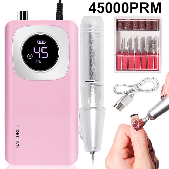 ANRLO Professional Electric Nail Drill, 45000 RPM Cordless Rechargeable E-File Machine, with 12 Bits, Sanding Bands, LCD Display for Acrylic Gel Nails (DMJ-V4-PINK-USB)