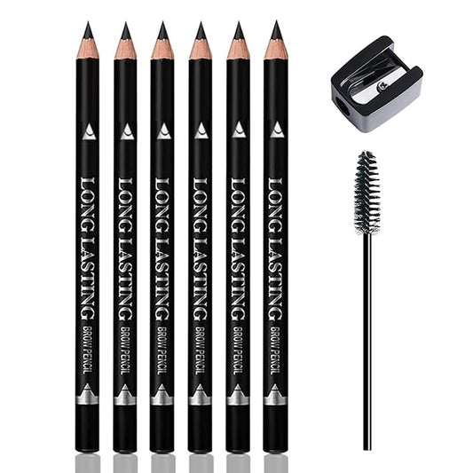Ownest 6 Pcs Black Eyebrow Pencil Set, Wooden Eyebrow Pen for Women, Waterproof Long Lasting Brow and Eyeliner Pencil With Brush, Beginner Makeup Brow Pencil, Natural Eyes Brow Makeup Pen