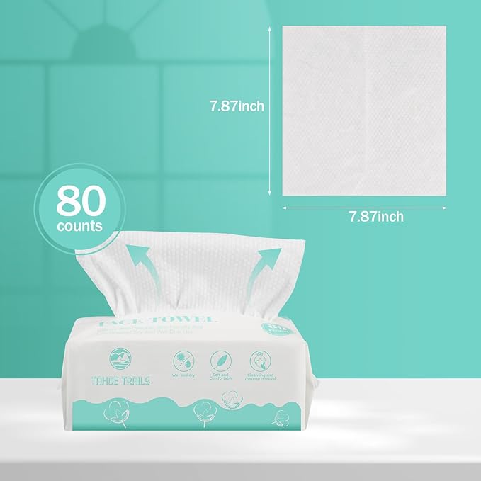Tahoe Trails Disposable Face Towel, Soft Dry Wipe, Lint Free, Dry Wet Use for Sensitive Skin, Cotton Facial Tissue, Makeup Removing, Surface Cleaning 7.87 * 7.87inch, 80Count
