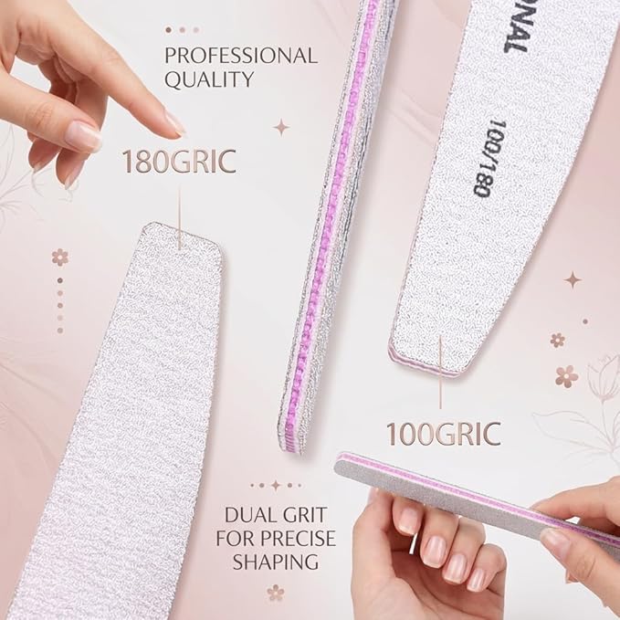 Klimonla 25PCS Professional Half Moon Emery Board Nail Files, 80/80 Grit Dual-Sided Buffer, Reusable Nail Filing Tools for Natural & Acrylic Nails, Home & Salon Manicure Supplies