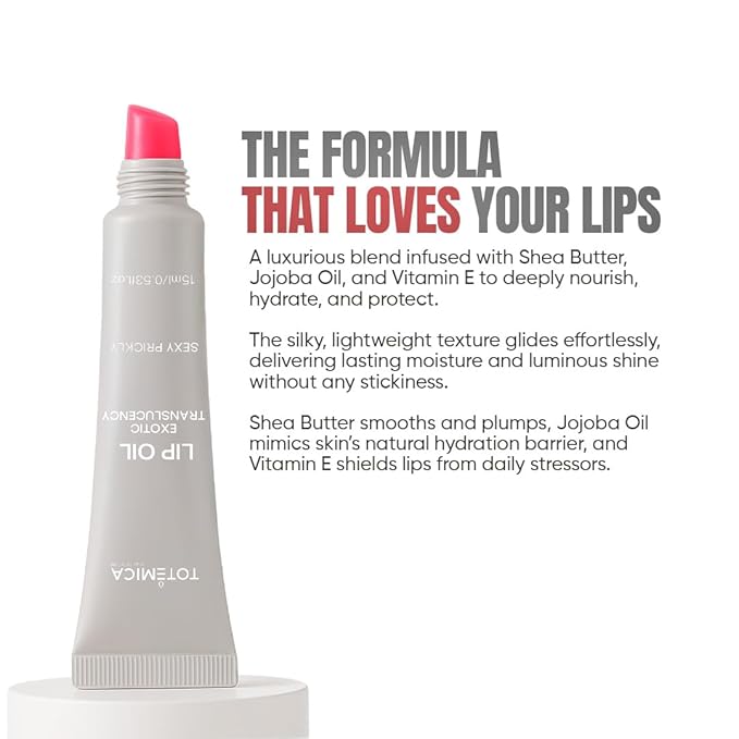 TOTEMICA Lip Oil for women by Ana Patricia, Hydrating Exotic Translucency, Glossy Lip Balm Shine with Shea Butter & Jojoba Oil, Non-Sticky with Nourishing Finish | Sexy Prickly with Charm