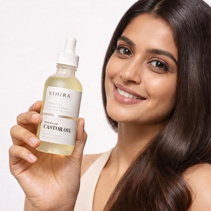 Vihira Organic Golden Castor Oil (2 Fl Oz | Premium Grade), True Cold Pressed, 100% Pure, Extra Virgin, Hexane Free, for Hair, Eyelash, Eyebrow, Cuticles, Nails, Skin, Belly Button & More.