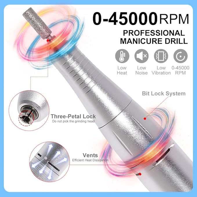 ANRLO Professional Electric Nail Drill, 45000 RPM Cordless Rechargeable E-File Machine, with 12 Bits, Sanding Bands, LCD Display for Acrylic Gel Nails (DMJ-V4-WHITE-USB)
