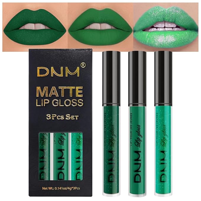 evpct 3Pcs Green Matte Glitter Liquid Lipstick Lip Stain Sets for Women, Matte Shimmer Lipstick Long Lasting Waterproof Permanent 24 Hours original, Magic Lip Sticks Pack for Halloween Daily Makeup