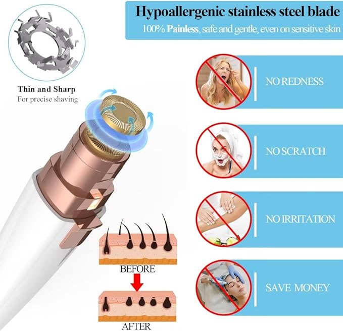 JNATER Eyebrow Razor,Facial Hair Removal for Women, (USB Rechargeable), 2 in 1 Eyebrow Trimmer and 100% Painless Hair Remover with Light for Nose, Lips, Face, Body