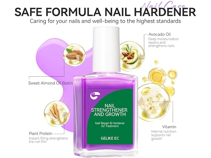Nail Strengthener and Ridge Filler for Women: Milky Purple 15ml Protein Nail Hardener Extra Strong and Growth for Damaged Nails - 6 in 1 Natural Nails Polish Hardener for Home Salon Women Daily Care